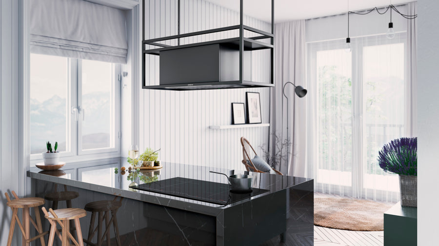 Airforce Q-BIC 120cm Island cooker hood anthracite & black glass finish- on poles