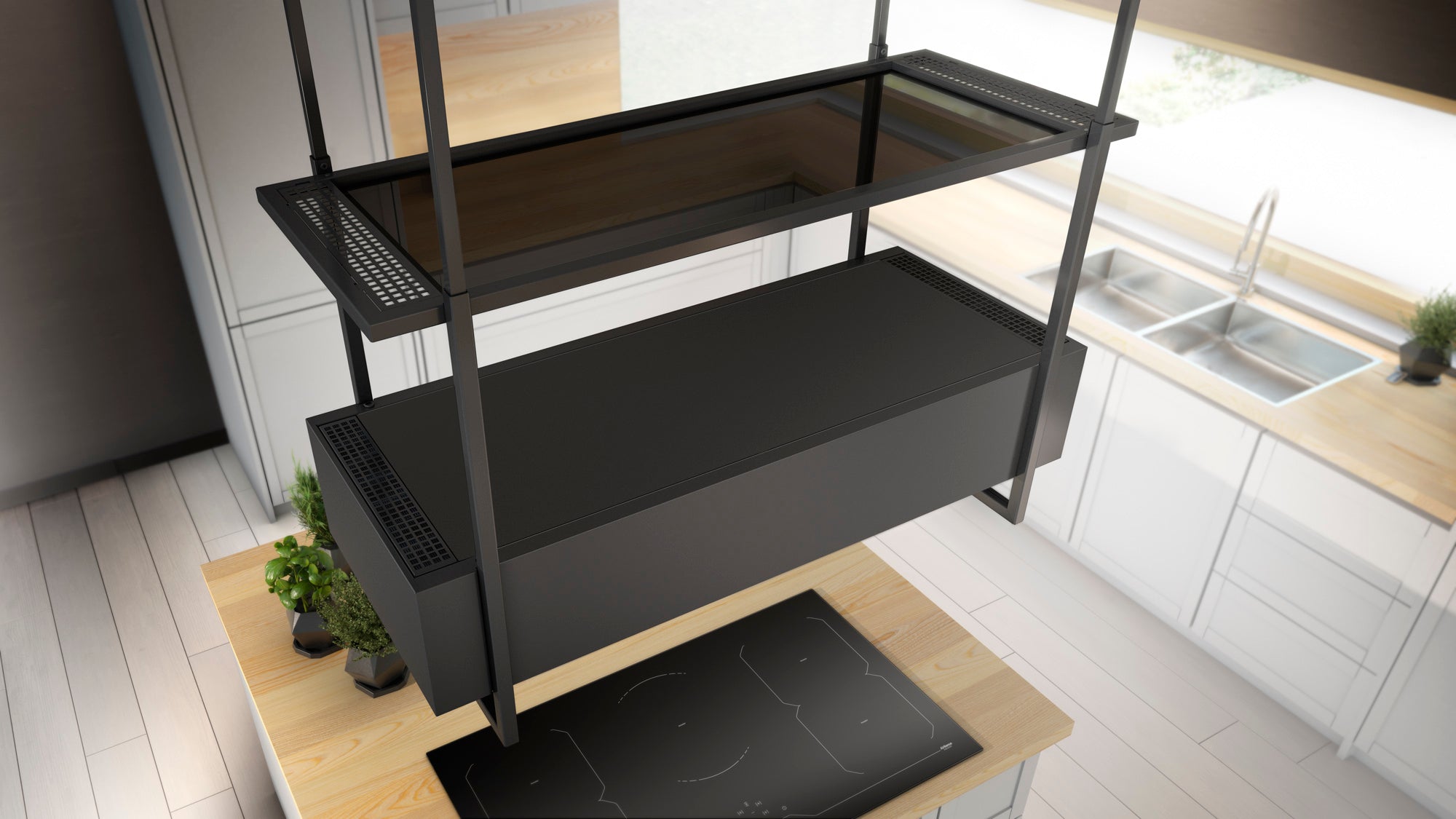 Airforce Side 100cm Island Cooker Hood with Touch Control buttons, 2 Usable shelves in Anthracite Finish