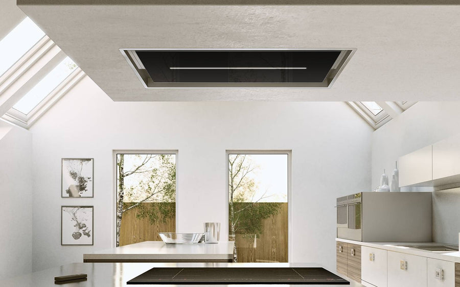 Airforce Sinergia 100cm Easy Up Ceiling Mounted Cooker Hood with LED Strip Lighting in Black Glass Finish