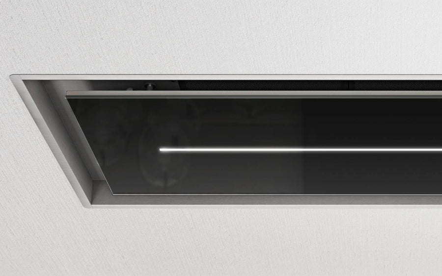 Airforce Sinergia 100cm Easy Up Ceiling Mounted Cooker Hood with LED Strip Lighting in Black Glass Finish