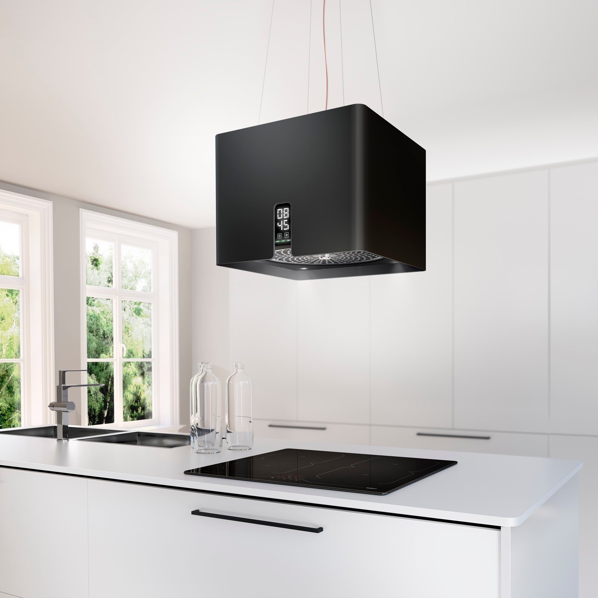 Airforce Square Crisalide 45cm Island Cooker Hood with Touch Control & Clock Digital Display Black Satin Finish