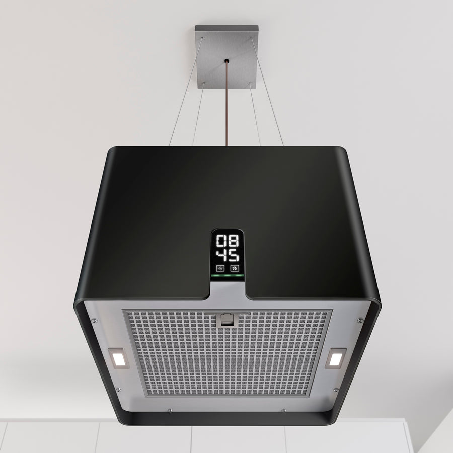 Airforce Square Young 45cm Island Cooker Hood with Touch Control & Digital Clock Display Black Satin Finish