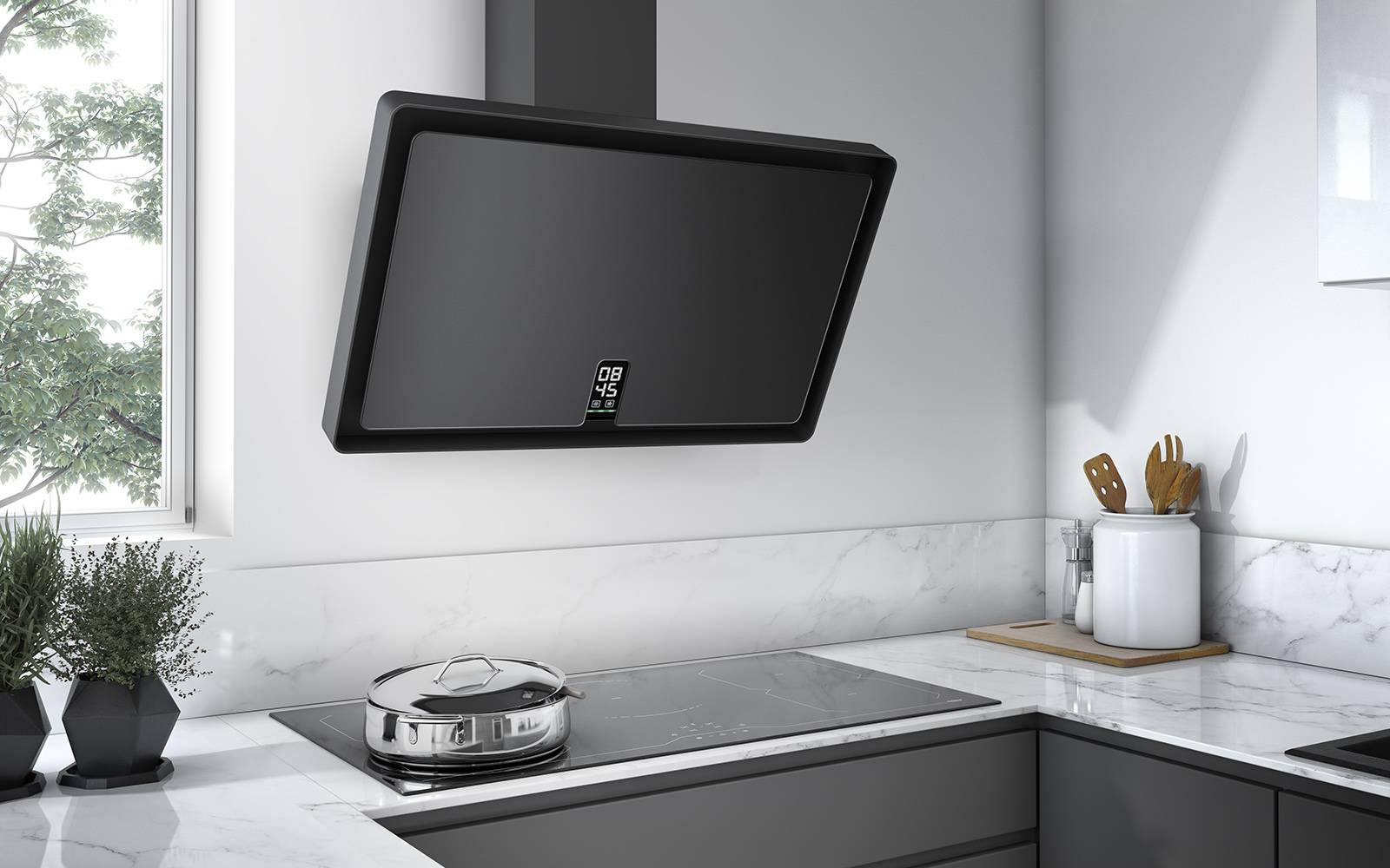 Airforce F153 80cm Wall Mounted Cooker hood Touch control with Clock-Black Satin Glass Finish