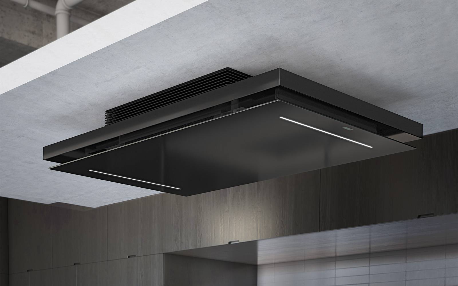 Airforce F207 EASYFIT 100cm Ceiling Mounted Filtering Cooker Hood with Remote Control in Complete Black Steel & Glass Finish