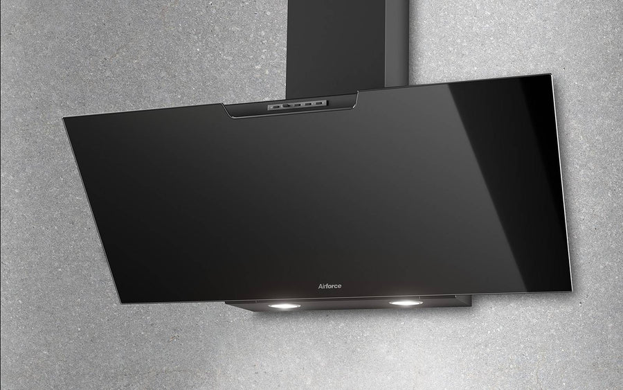 Airforce F212 90cm Angled Wall Mounted Cooker Hood with Soft Push Button Controls- Black Glass Finish
