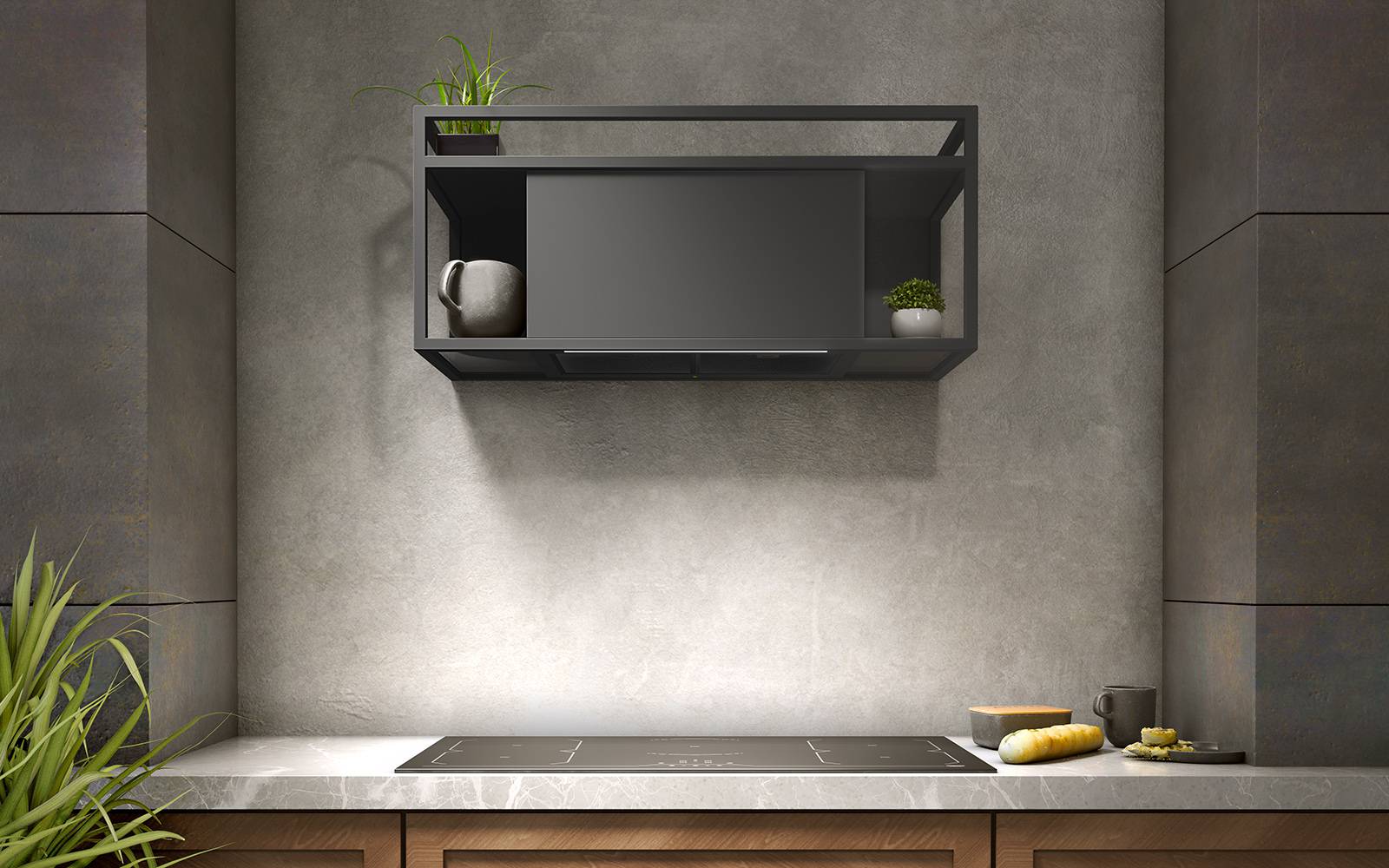 Airforce Q-BIC 90cm Wall Mounted Cooker Hood Anthracite Painted Steel Remote Control with Smoked Glass Shelves