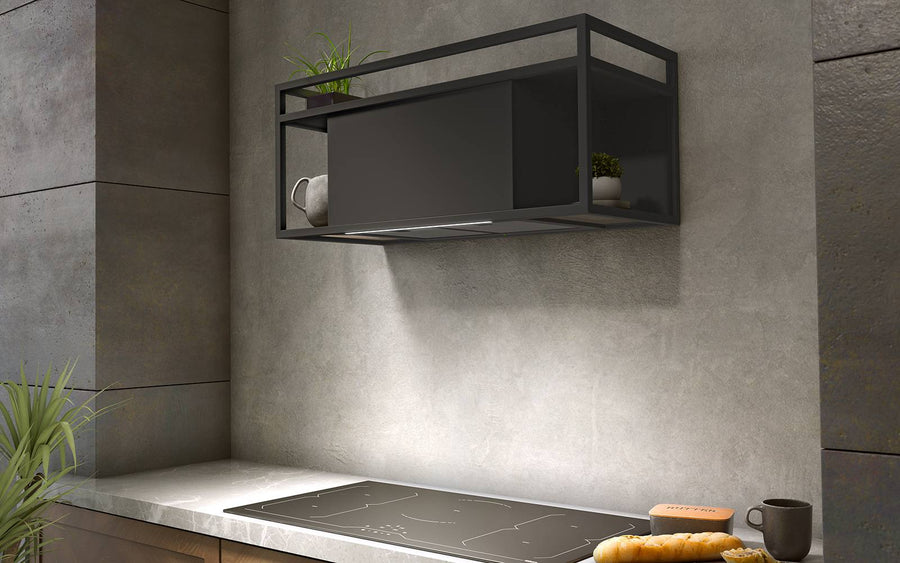 Airforce Q-BIC 90cm Wall Mounted Cooker Hood Anthracite Painted Steel Remote Control with Smoked Glass Shelves