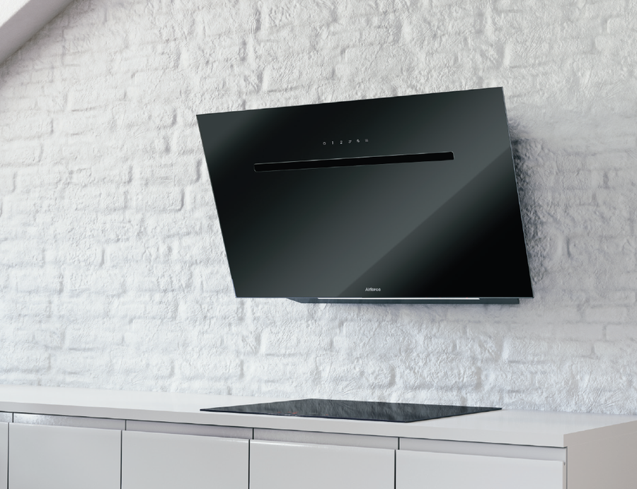 Airforce Foehn 60cm No-Drop System with Heated Glass Wall Mounted Cooker Hood Touch Control Black Glass Finish