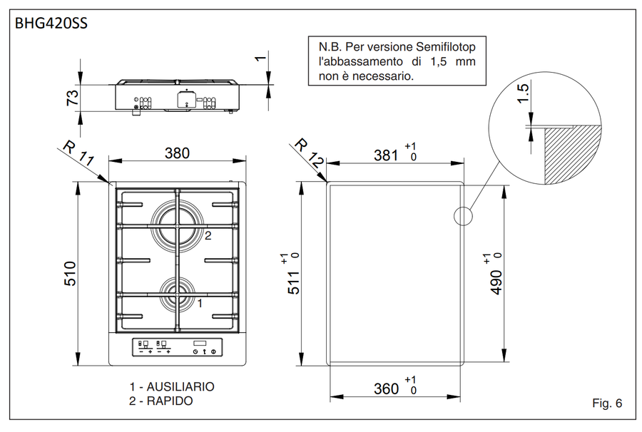 Baumatic BHG420SS 38cm Premium-Line Touch Control Domino Gas Hob in Stainless steel