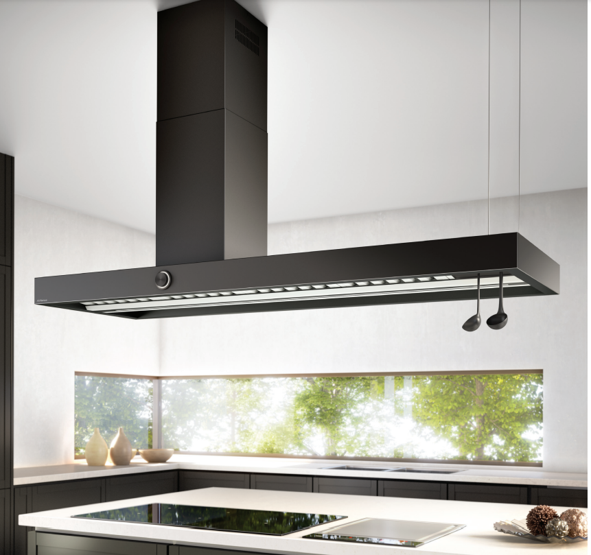 Airforce Vis Boxy 180cm left hand chimney island cooker hood stainless steel & anthracite black finish