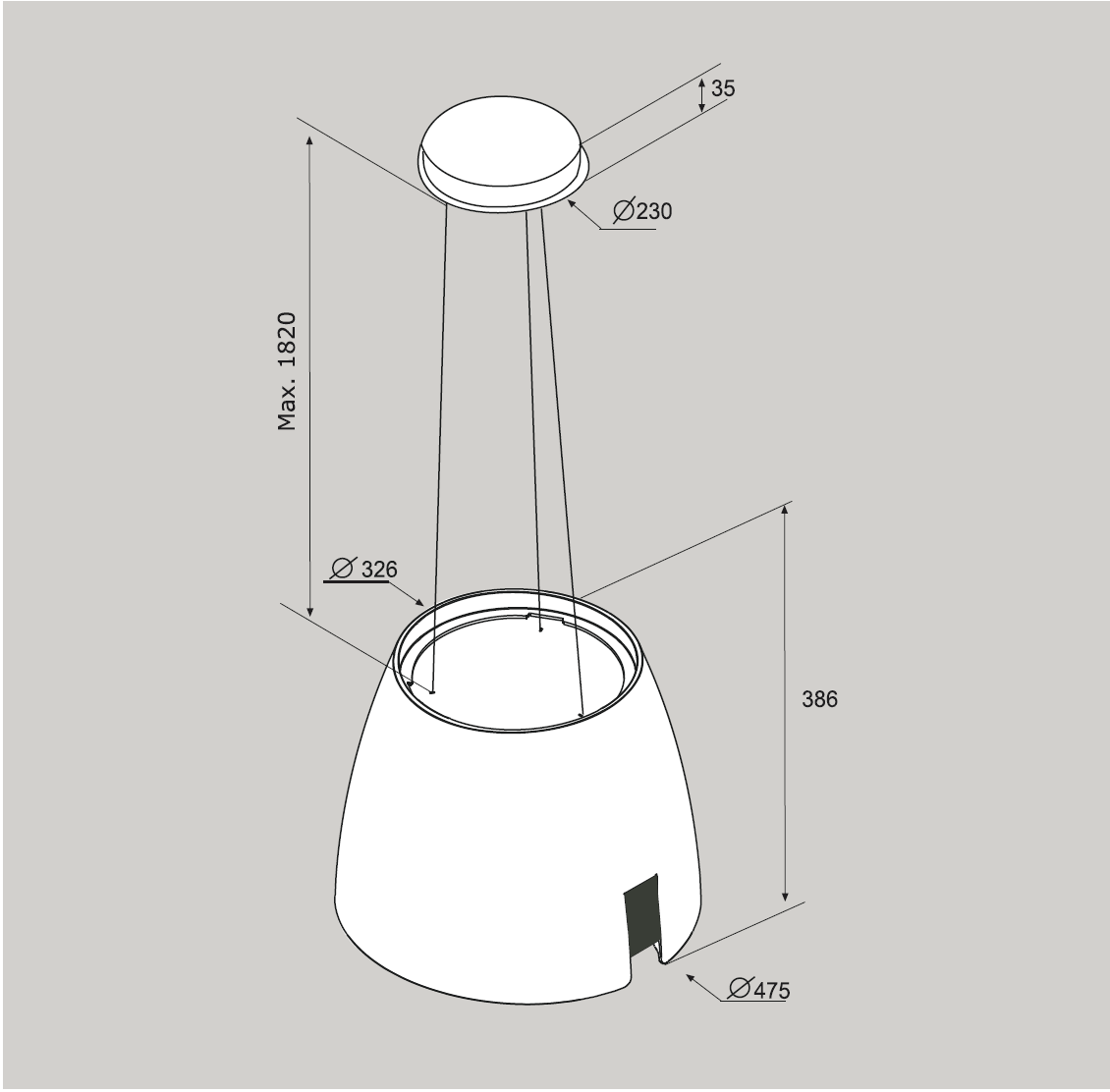 47.5cm Island Lamp Cooker Hood with Integra System - Airforce Ballerina - Black - Technical Drawing 