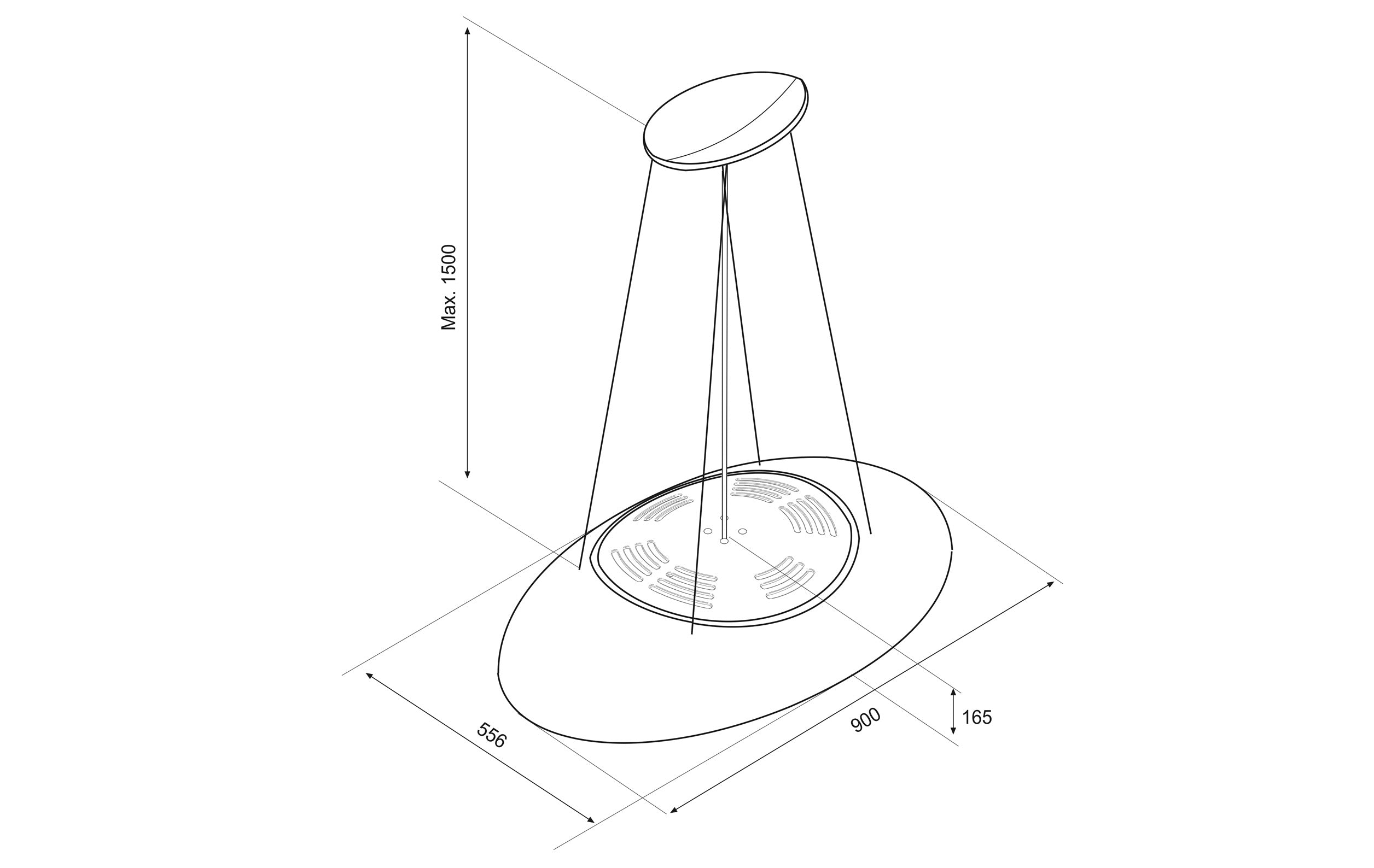 90cm Island LED Lamp Cooker Hood - Airforce Eclipse - Pearl White - Technical Drawing