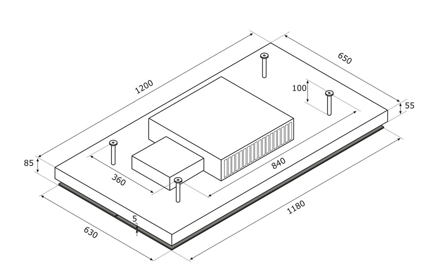 120cm Remote Control Ceiling Cooker Hood - Airforce F139 F - Technical Drawing 