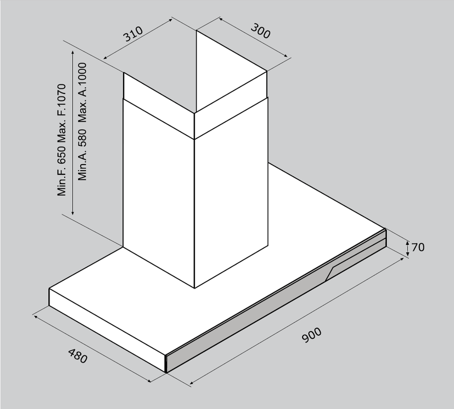 Airforce F191 90cm Wall Mounted Designer Cooker Hood - Black Glass - Technical Drawing