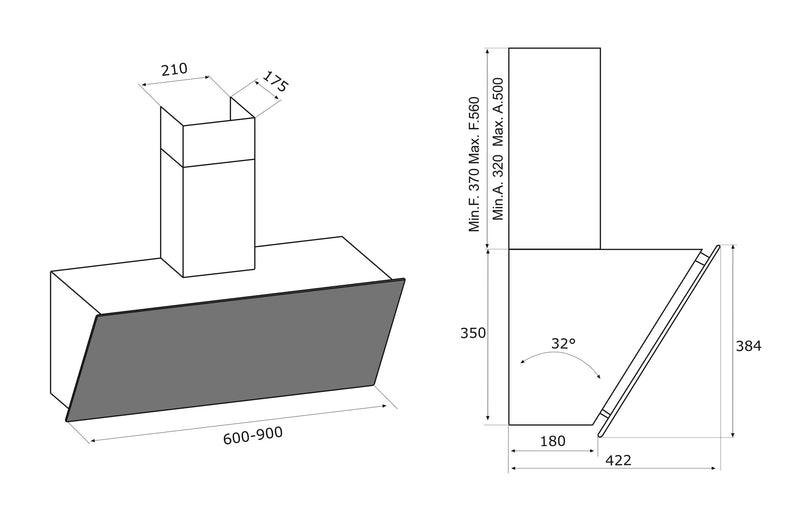 Airforce V4 60cm Flat Wall Mounted Cooker Hood - Black glass Technical Image